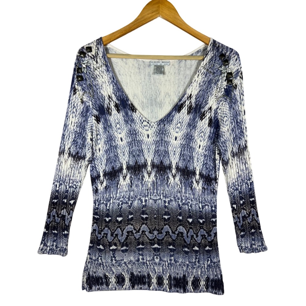 Retro Alberto Makali Blue White Snakeskin Print Embellished V-Neck Top BOHO Y2K